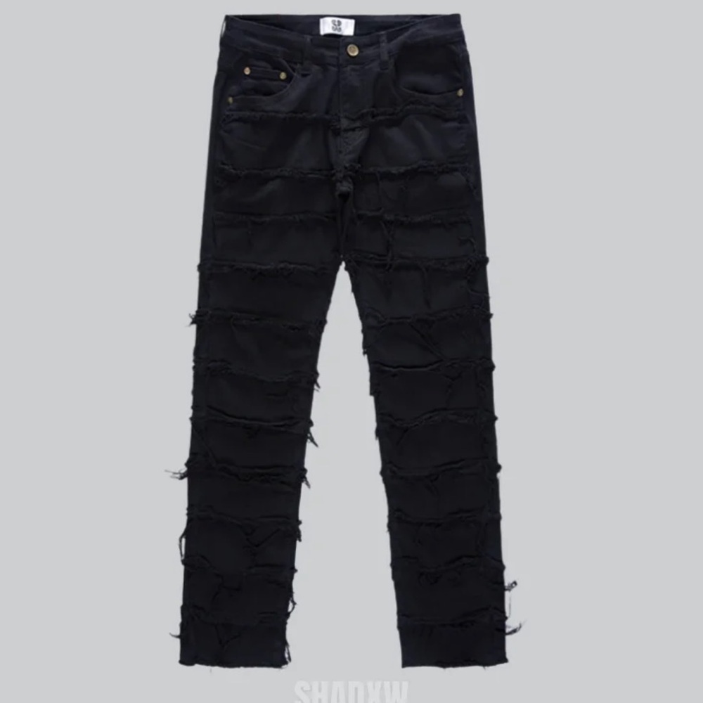 Women’s Black Denim Stacked Jeans Black Distressed Straight Leg Mid Rise Y2K M - Picture 7 of 17